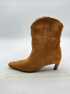 Brown Suede Women Square Toe Comfort Kitten Low Heel Ankle Boot Pull On Bootie